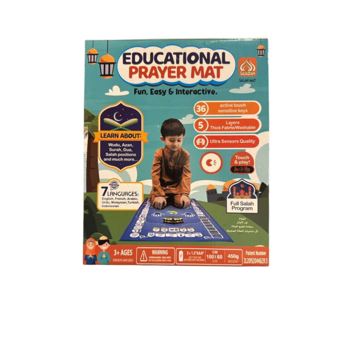 Educational prayer mat packaging with a child on the mat, featuring text about its features.
