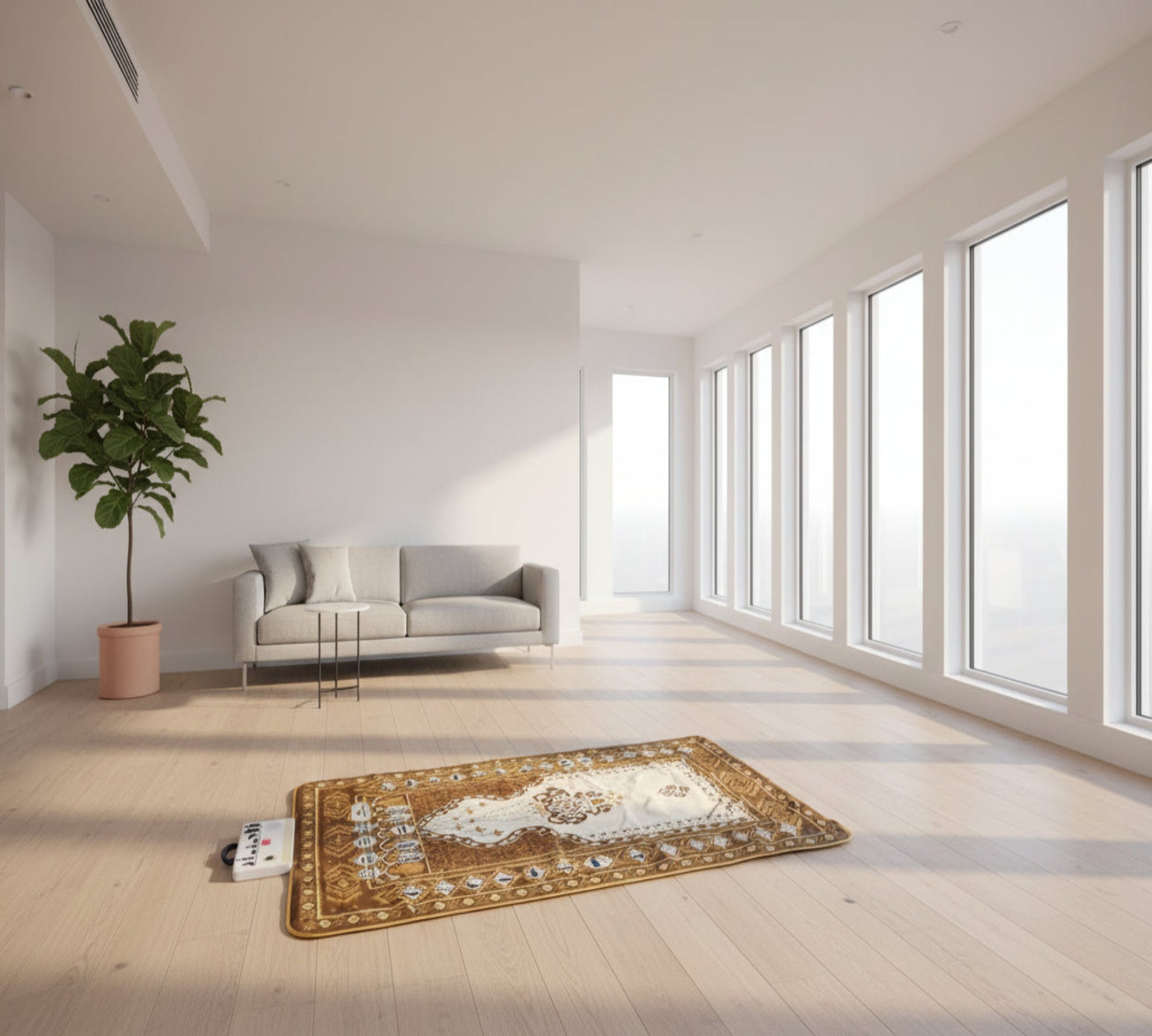 Decorative prayer mat with intricate patterns on a white background