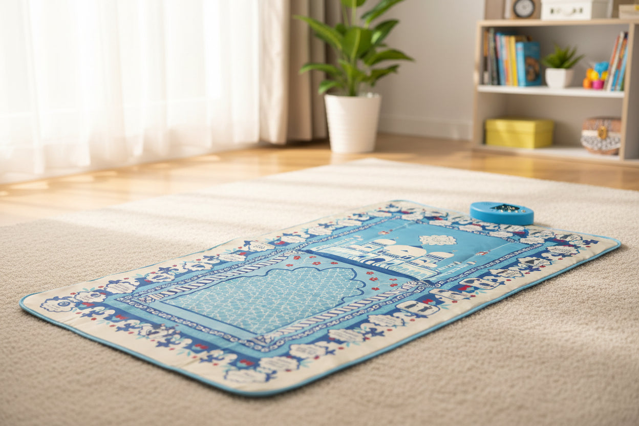 Decorative prayer mat with architectural design and text on a white background