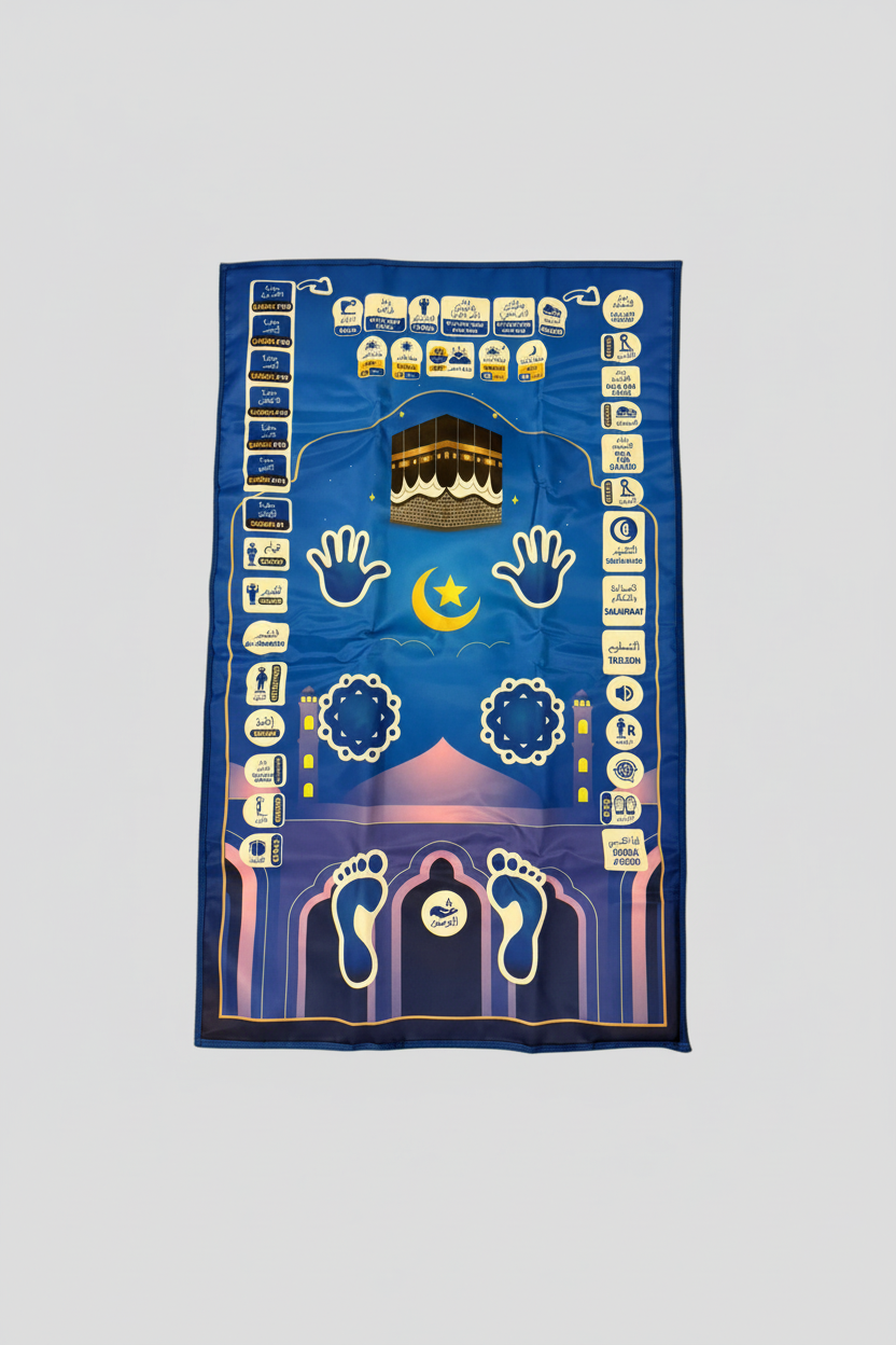 Decorative mat with religious symbols on a gray background