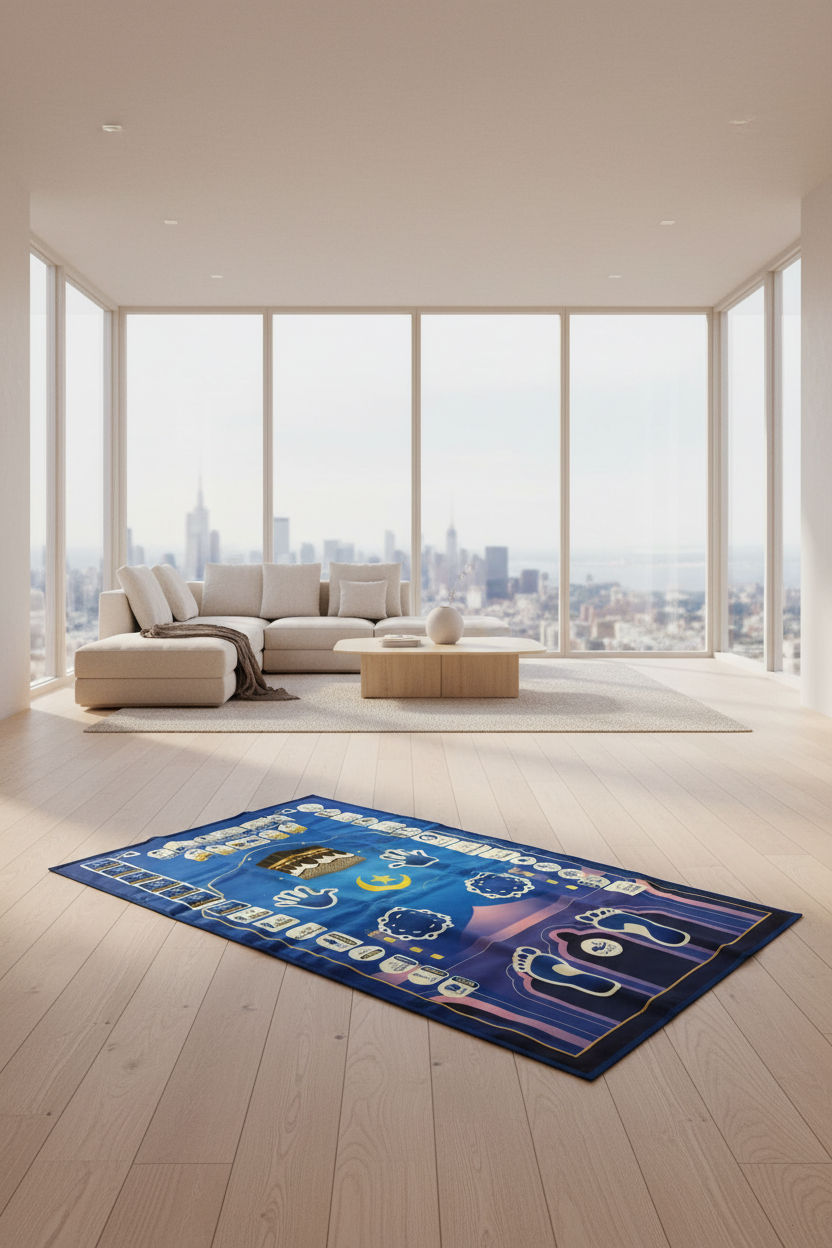 Decorative mat with religious symbols on a plain background