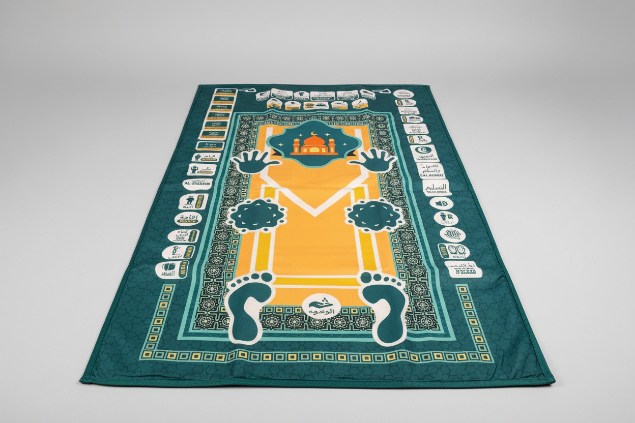 Green prayer mat with a central yellow design on a gray background
