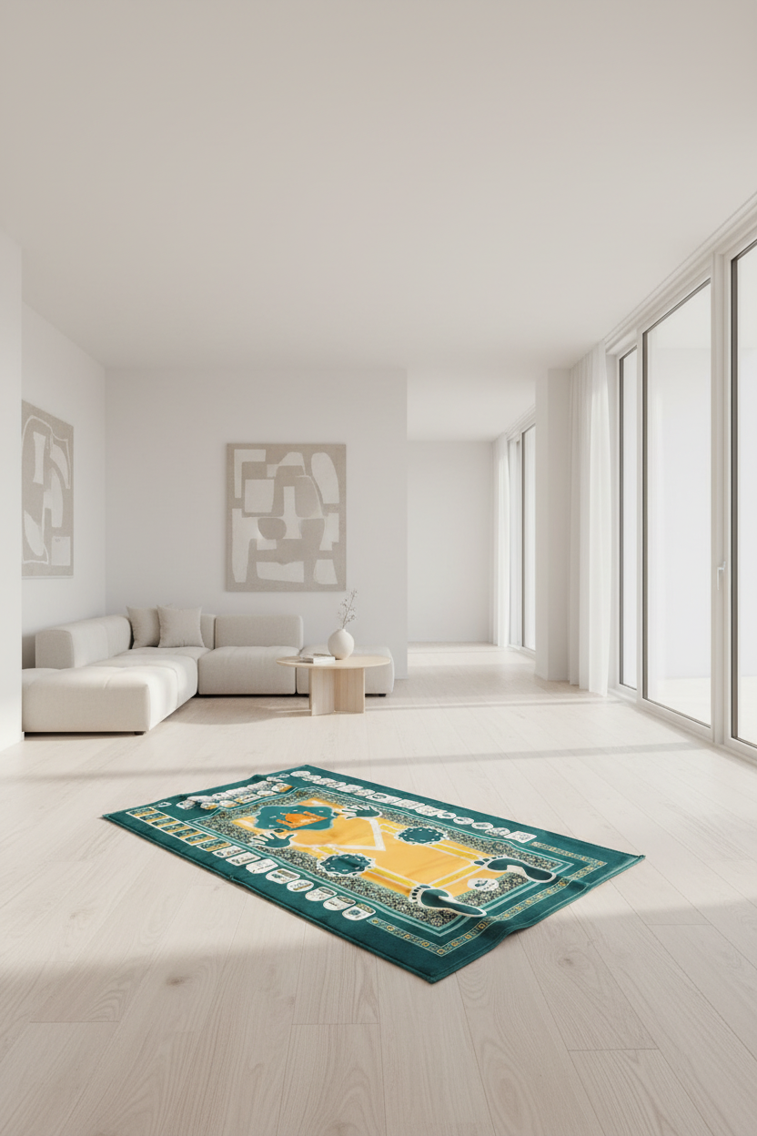 Green and yellow patterned rug on a light wood floor in a modern living room.