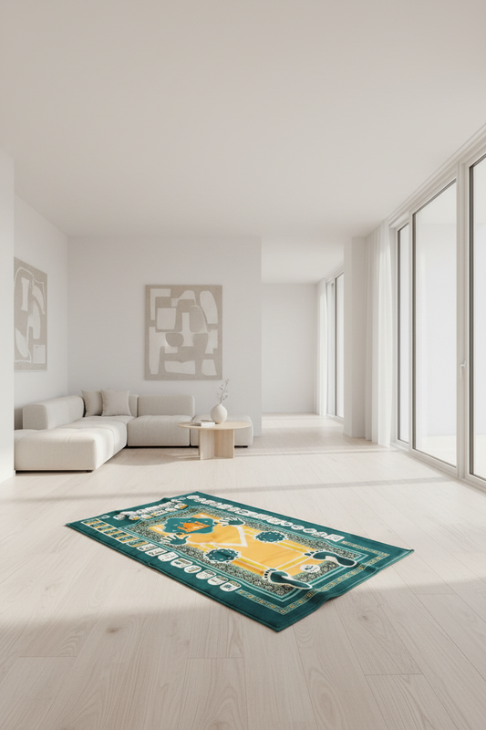 Green and yellow patterned rug on a light wood floor in a modern living room.