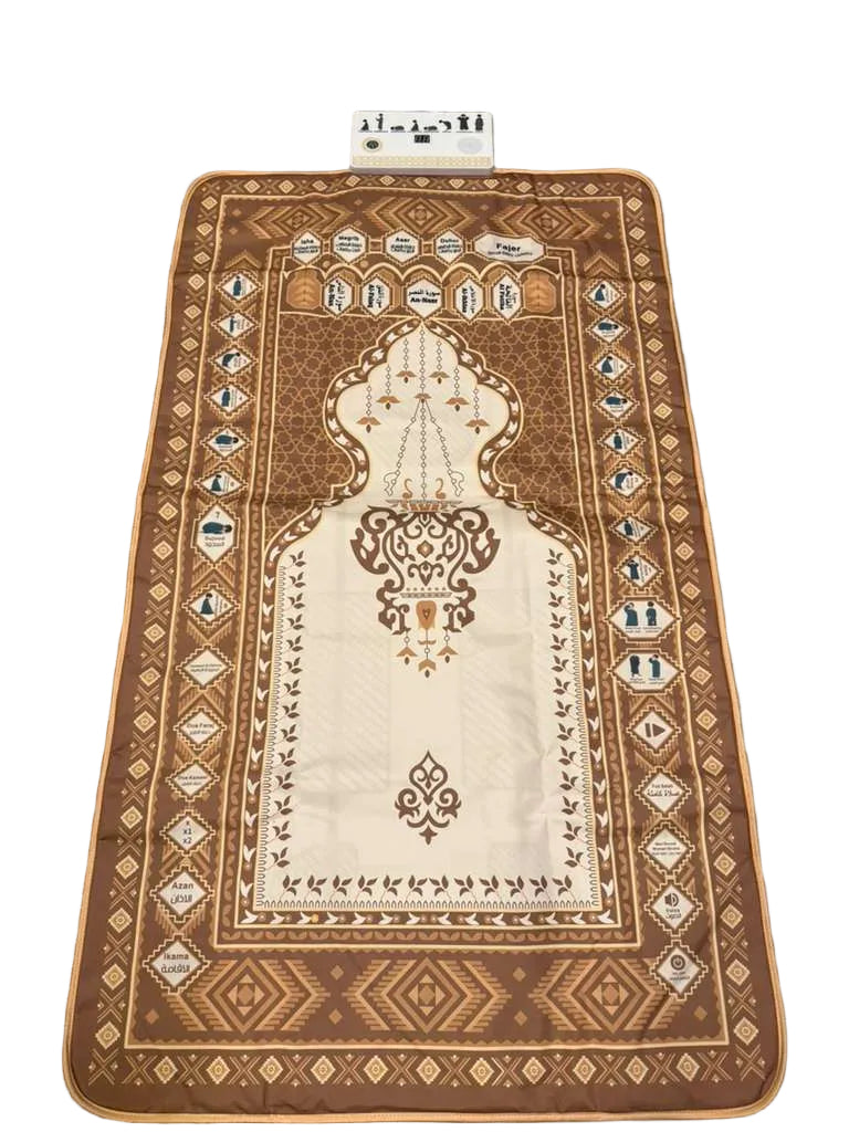Decorative prayer mat with intricate patterns on a wooden floor