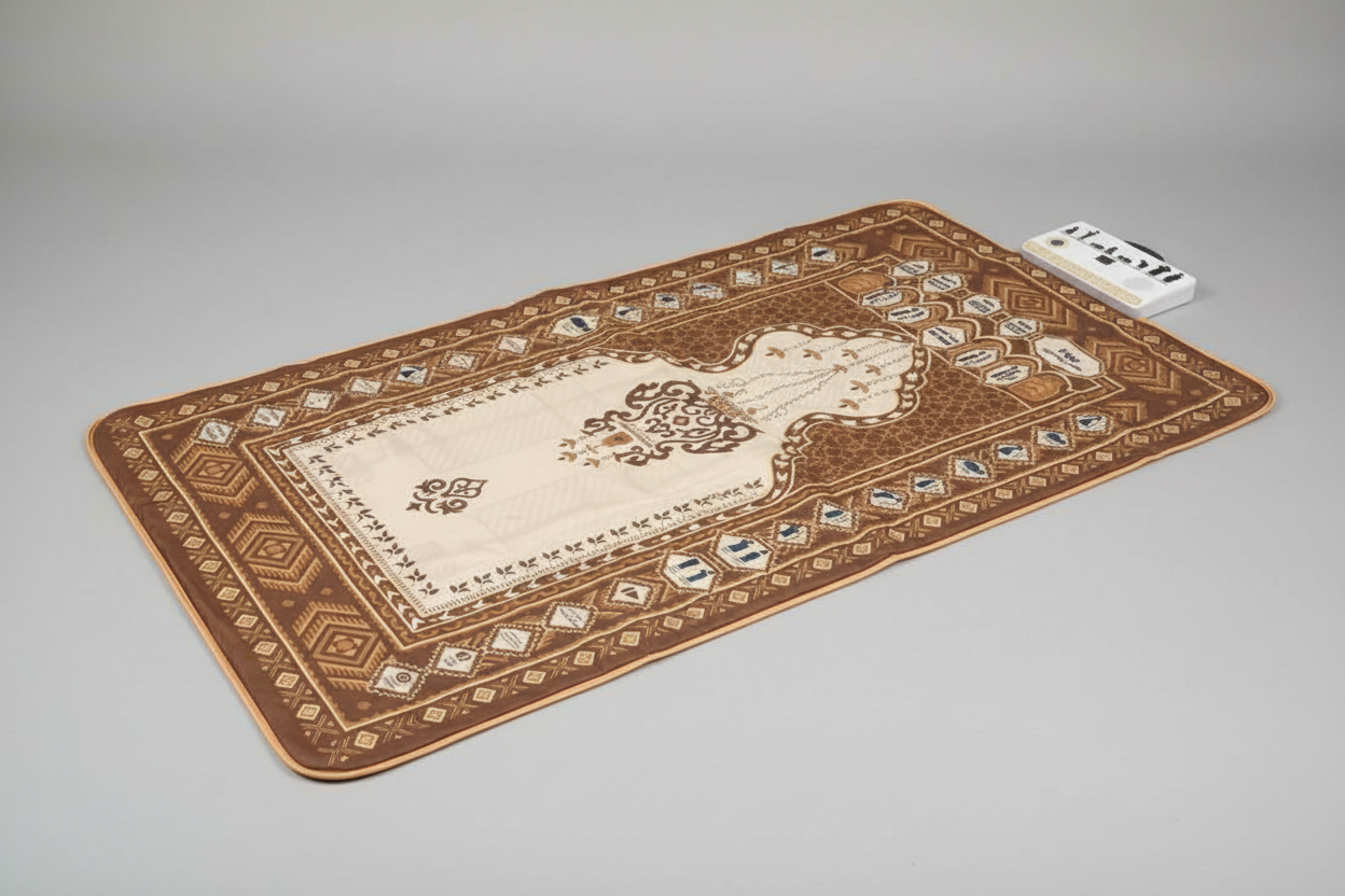Decorative prayer mat with intricate patterns on a wooden floor