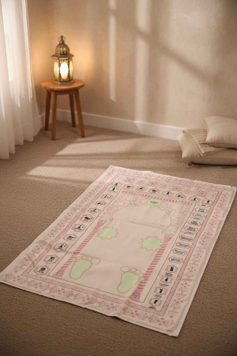 Prayer rug with religious symbols and text on a white background