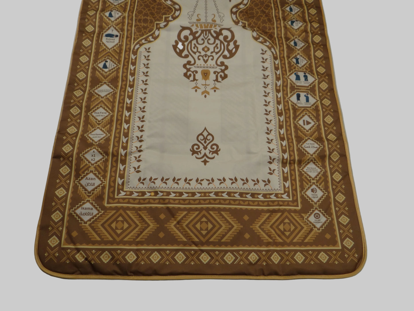 Decorative brown and beige patterned rug on a plain background