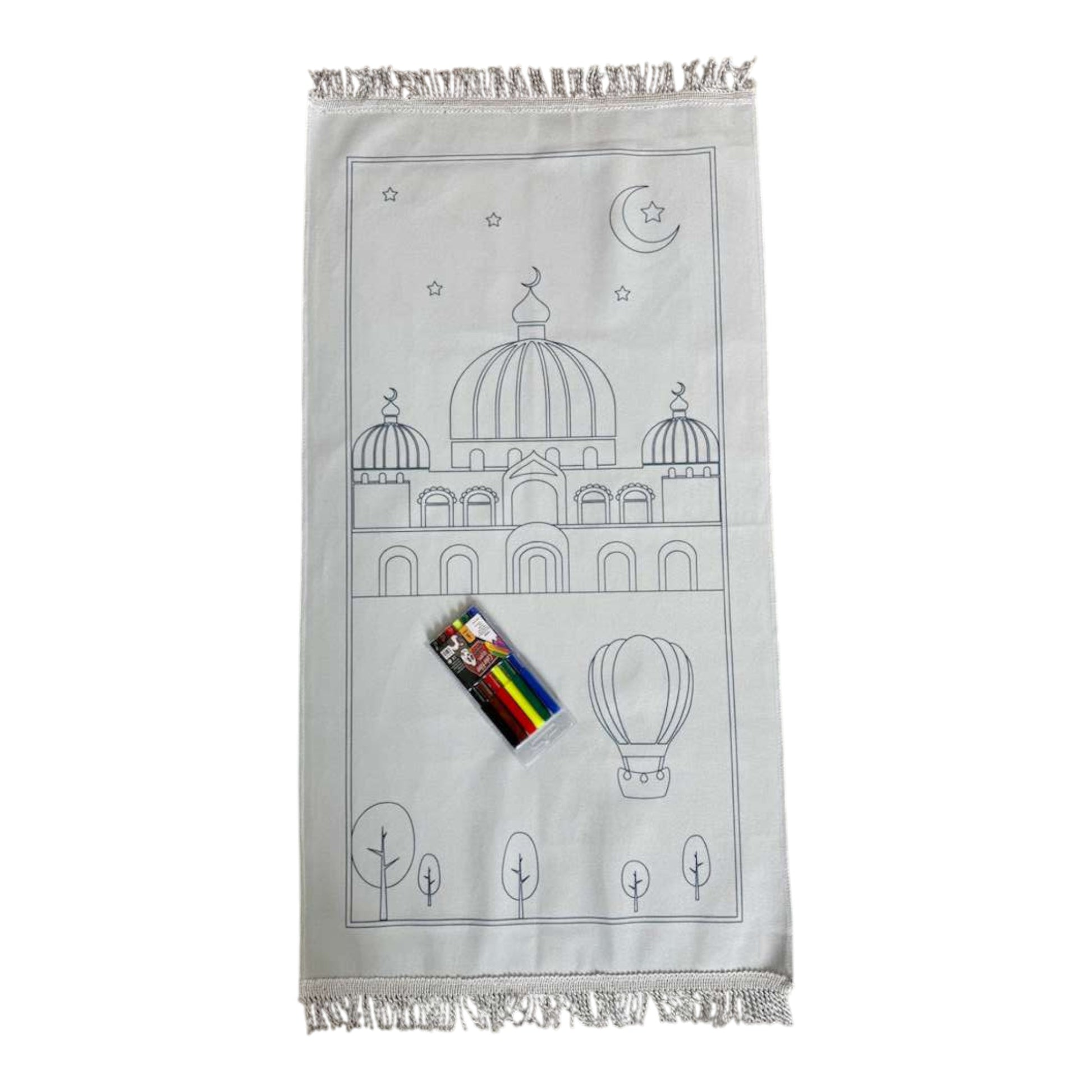 White towel with black line art of a dome and hot air balloon, accompanied by coloring books on a white background.