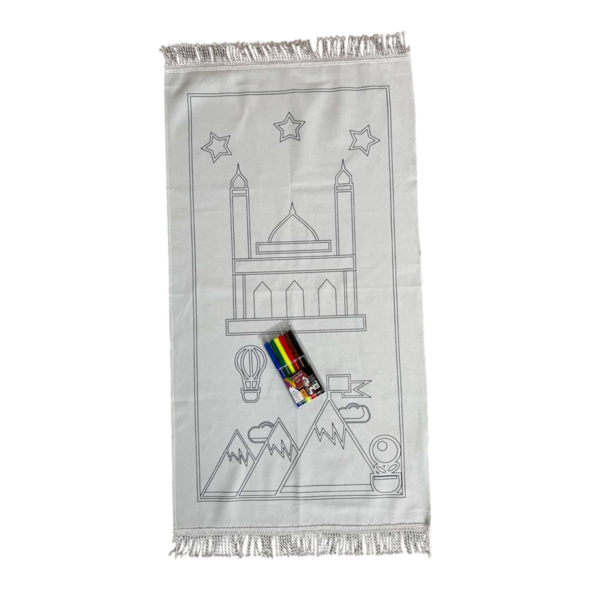 White prayer mat with black designs and coloring books on a white background