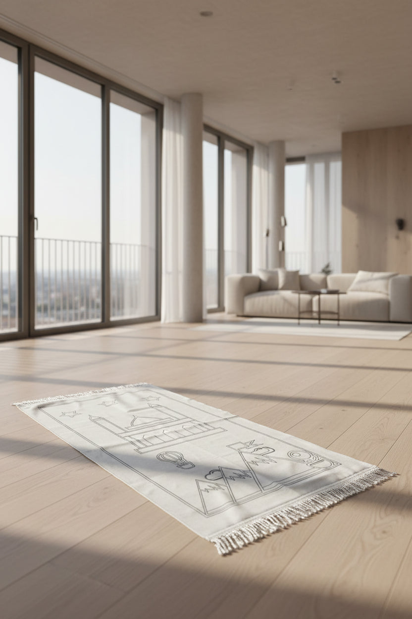 Modern living room with a large rug featuring architectural floor plan design.