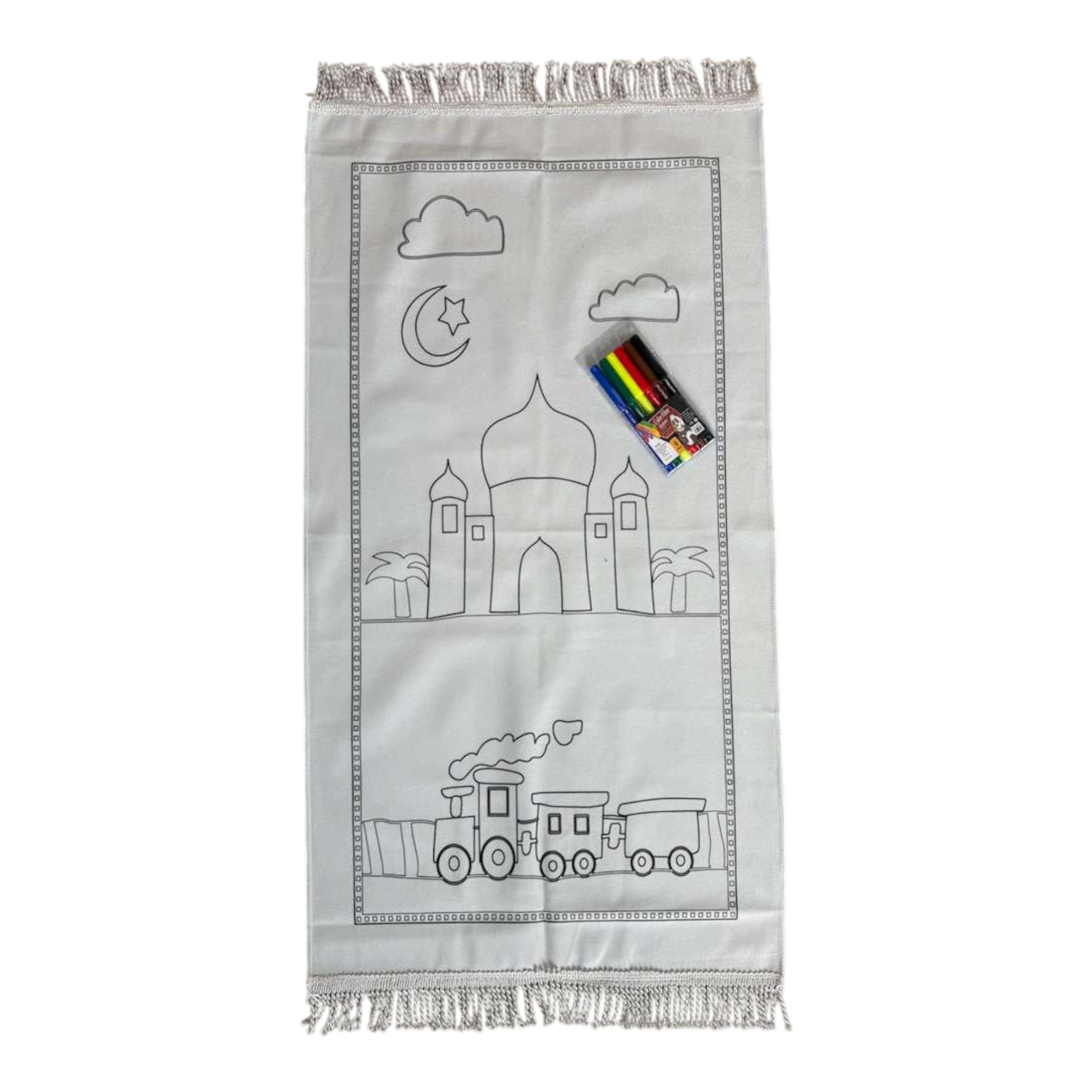 Coloring towel with train, mosque, and moon designs on a white background