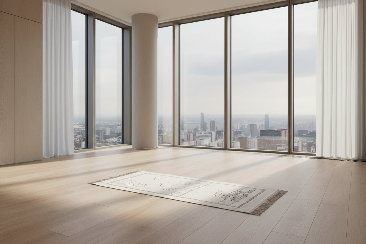 White prayer mat with black embroidered designs on a white background