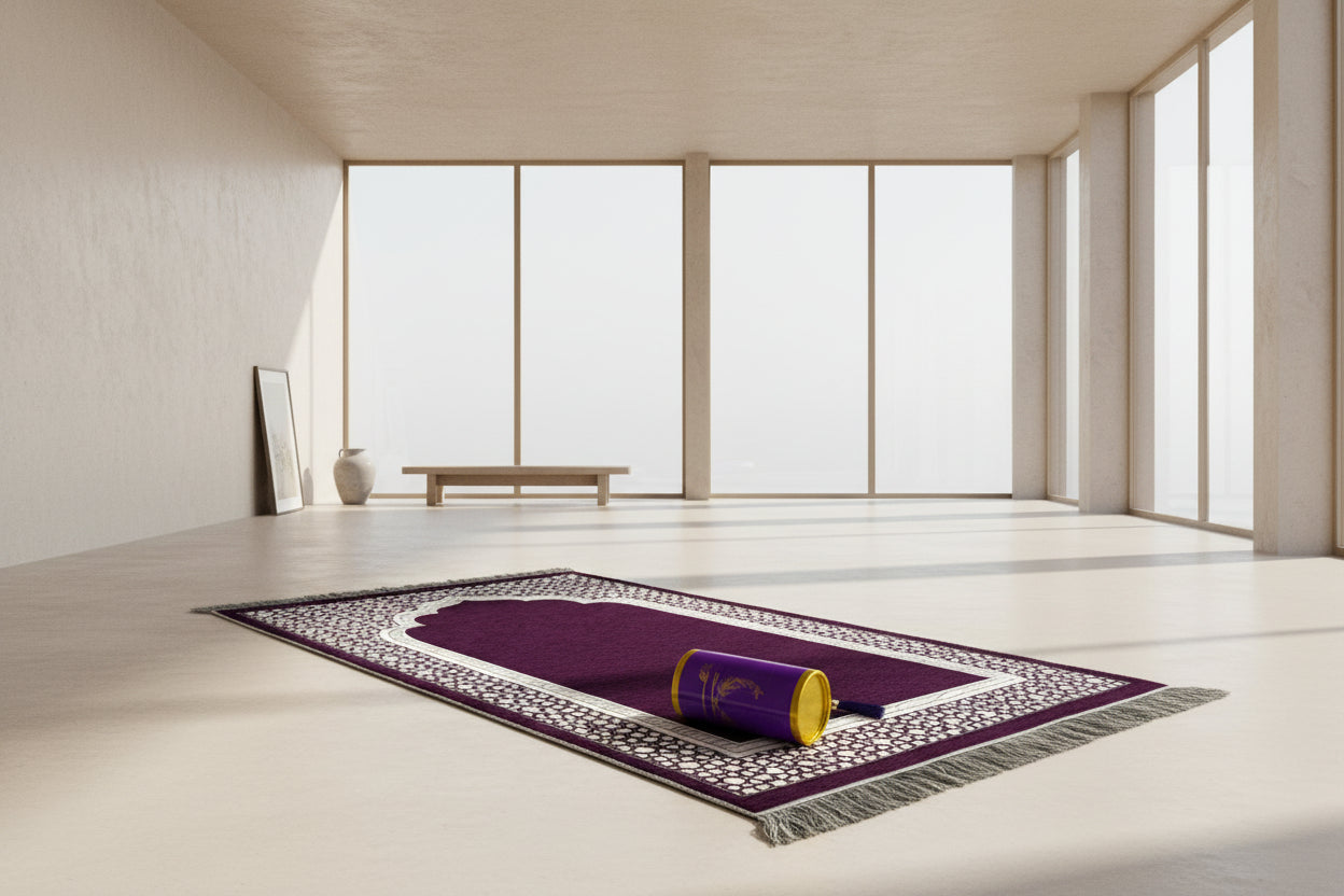 Purple prayer mat with white patterns and a prayer rug on a white background