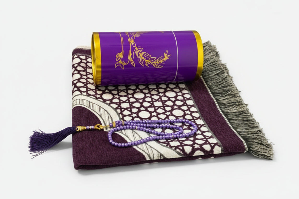 Decorative mat with intricate patterns and a purple cylindrical container on a white background