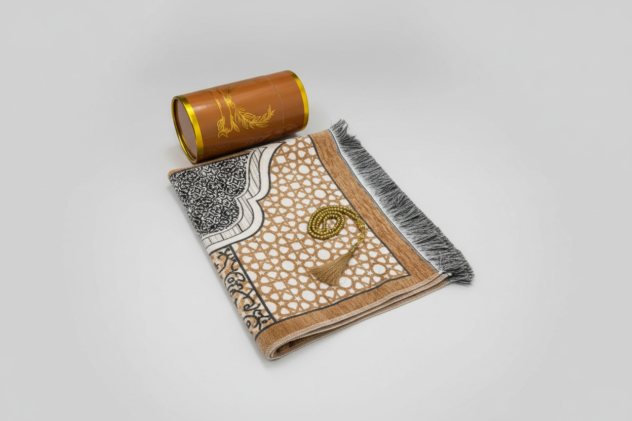 Decorative pillow with intricate patterns and a cylindrical product on a textured surface